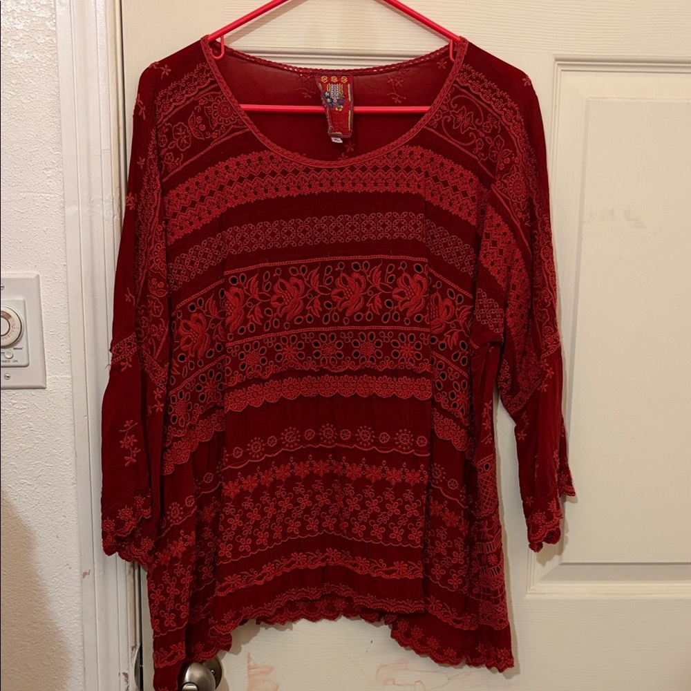 Johnny Was Red Embroidered Blouse
